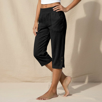 Women's High-Waist Cropped Straight-Leg Pants – Button Detail Slit Front