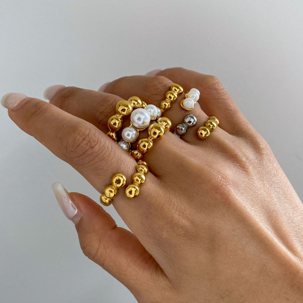 18K gold round bead-shaped pearl inlaid exquisite and noble ring