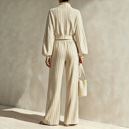 Women's Textured Woven-Stripe Puff-Sleeve Zip Jacket & Wide-Leg Pants Set