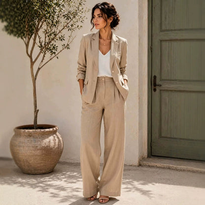 Women's Linen-Look Oversized Double-Breasted Blazer & Wide-Leg Pleated Trouser Suit Set