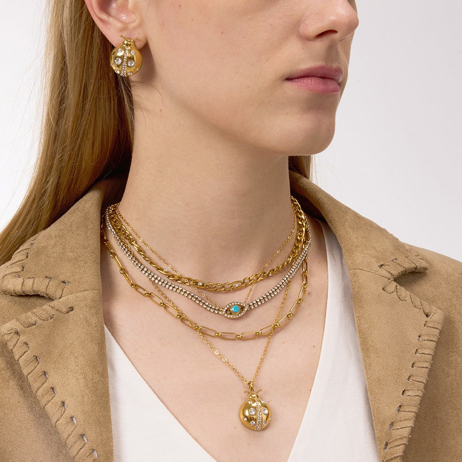 18k gold ladybug titanium steel necklace and earrings