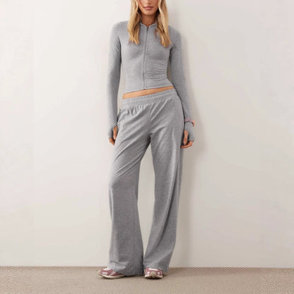 Women's Cropped Zip-Up Hoodie & Wide-Leg Pants Set