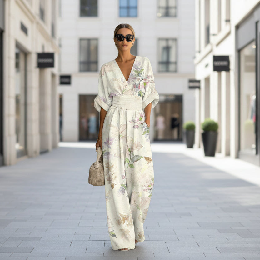 Women's Waist-Cinched V-Neck Printed Wide-Leg Jumpsuit