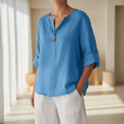 Women's V-Neck Long-Sleeve Button Top – Loose Fit Casual Blouse