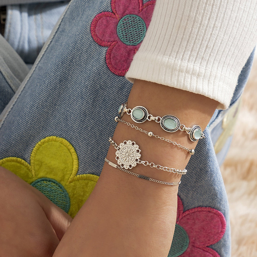 Ethnic style flower disc cat's eye gold retro bracelet
