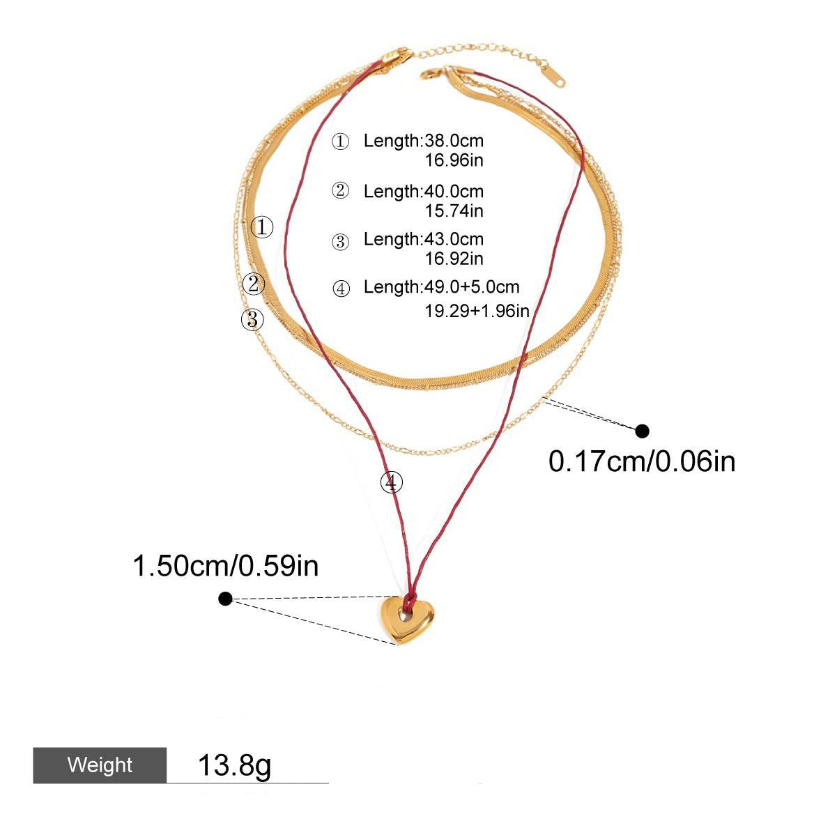 18K gold heart with multi-layer chain design trendy personality necklace