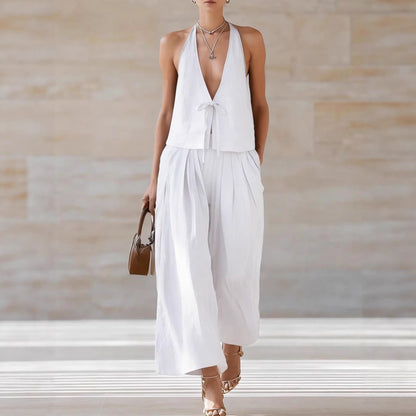 Women's Sleeveless Vest & Wide-Leg Pants Set – 2-Piece Lace-Up Outfit