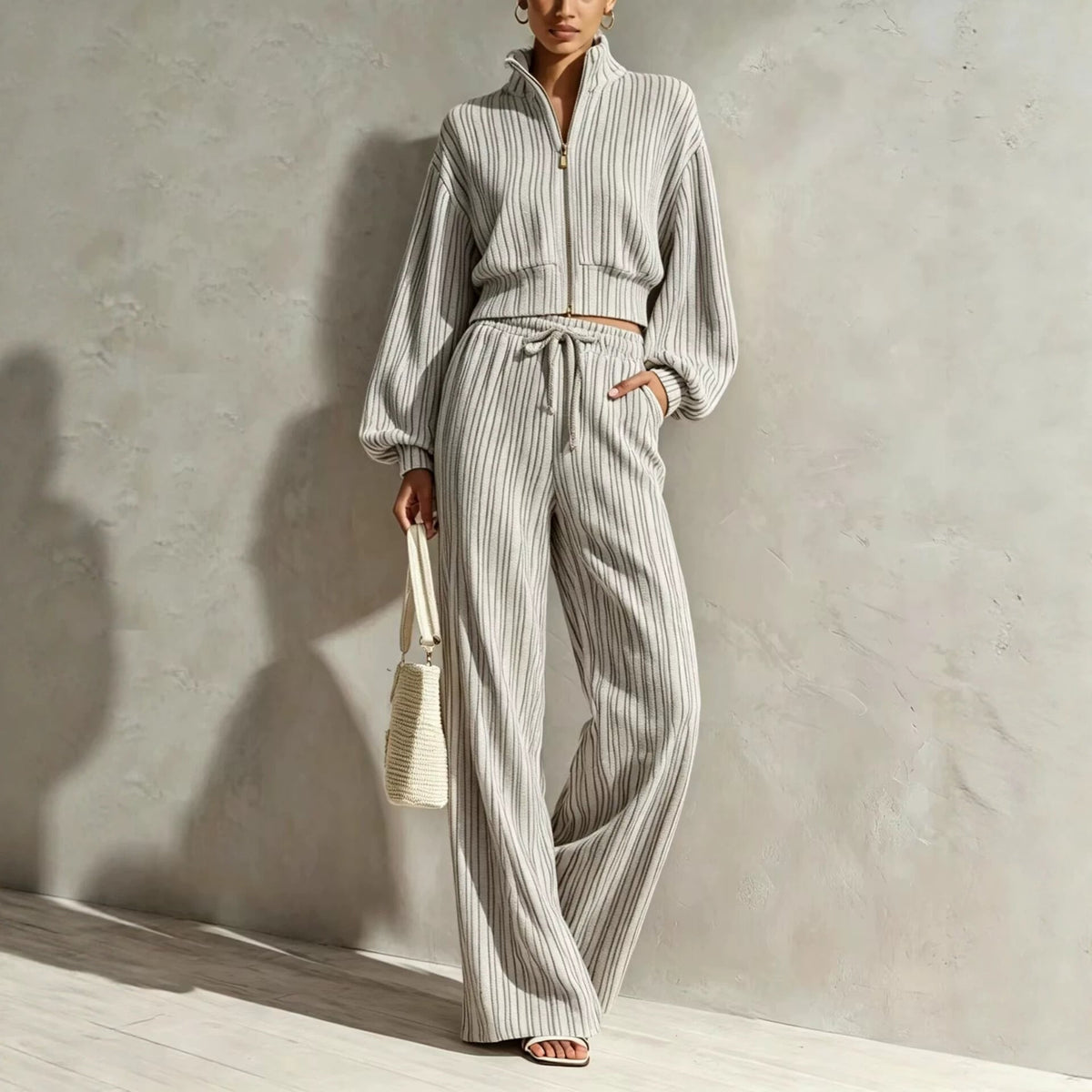 Women's Textured Woven-Stripe Puff-Sleeve Zip Jacket & Wide-Leg Pants Set