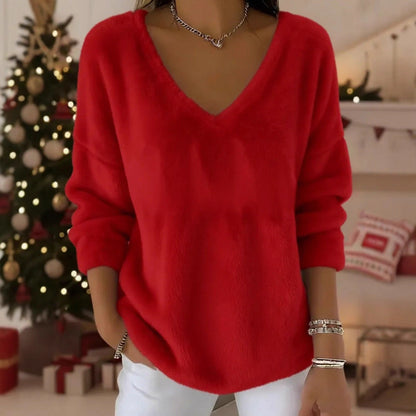 Women’s Plush V Neck Drop Shoulder Pullover Sweater
