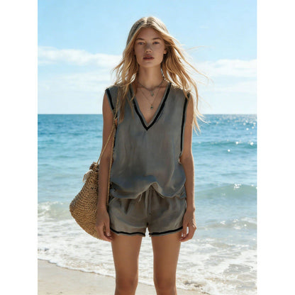 Women's V-Neck Vest & Shorts Two-Piece Set