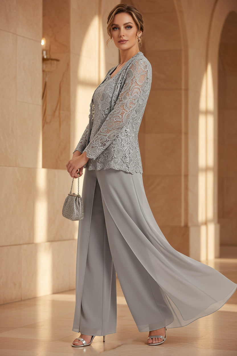 Women's Floral Lace Jacket & Top & Chiffon Wide-Leg Pants Three-Piece Formal Set – 12 Colors US0–14