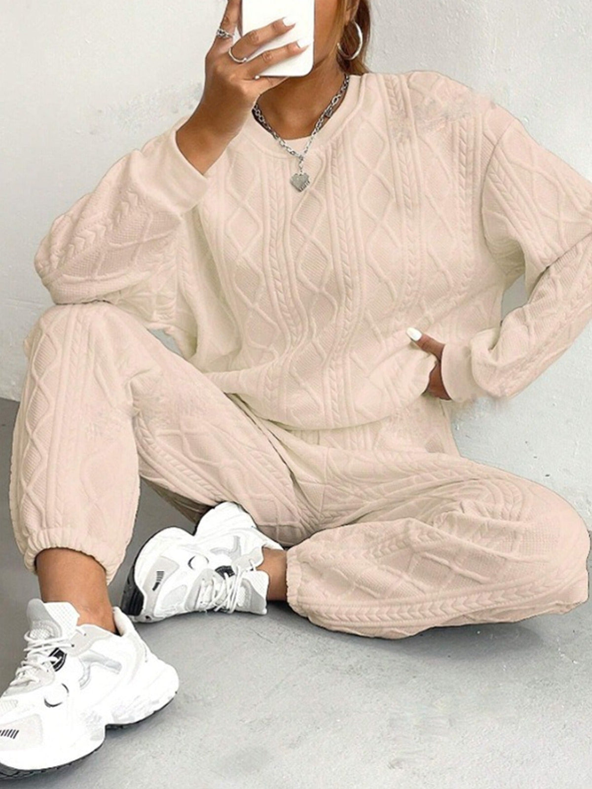 Women's Cable-Knit Texture Sweatshirt & Jogger Pants Set