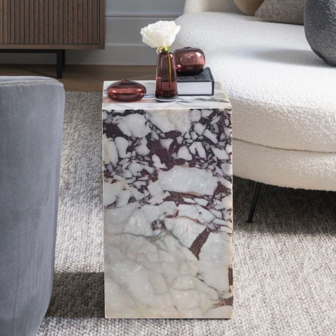 Calacatta Viola Marble Cube Design Side Table Nightstand Polished 15.75 Inches