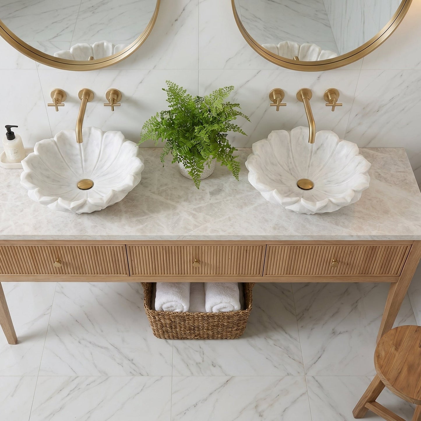 Carrara White Marble Flower Shaped Sink - Polished 18 Diameter