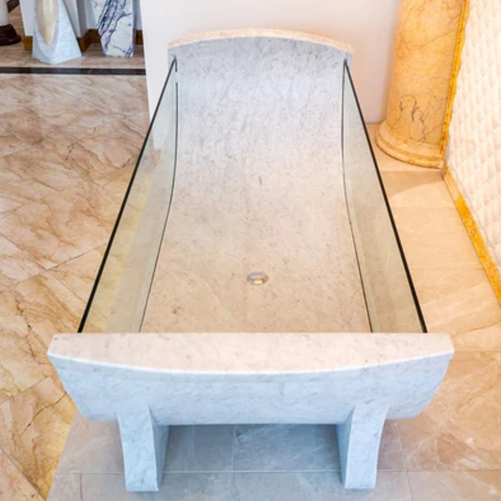 Carrara White Marble Bathtub Polished Tempered Glass Walls 32x79