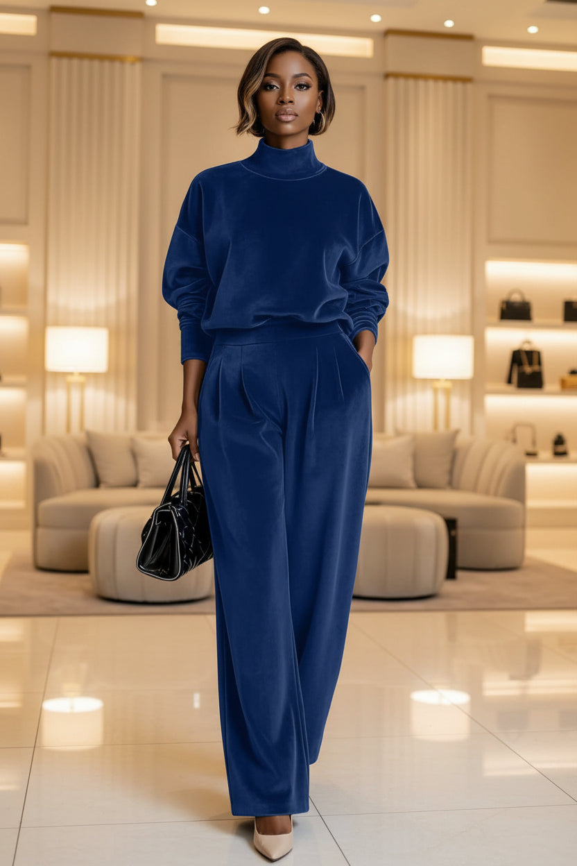 Women's Mock Turtleneck Balloon Sleeve Top & Pleated Wide-Leg Trousers Set