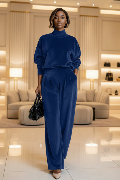 Women's Mock Turtleneck Balloon Sleeve Top & Pleated Wide-Leg Trousers Set