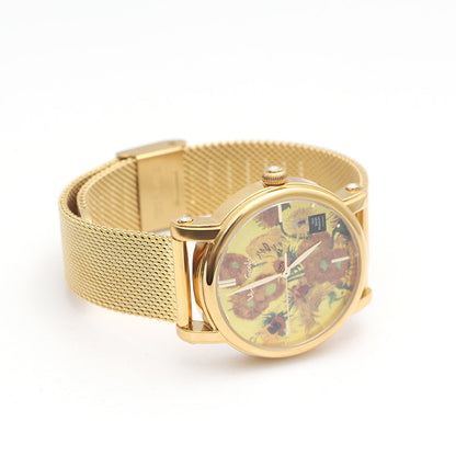 Van Gogh Women's Quartz Watch 3D Printed Oil Painting Dial Steel Strap Sunflowers
