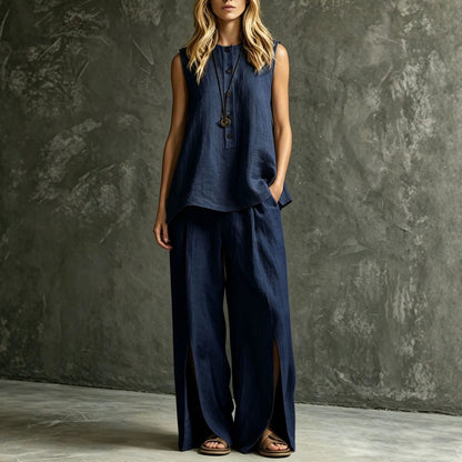 Women's Loose Sleeveless Tank Top & Slit Wide-Leg Pants Two-Piece Set