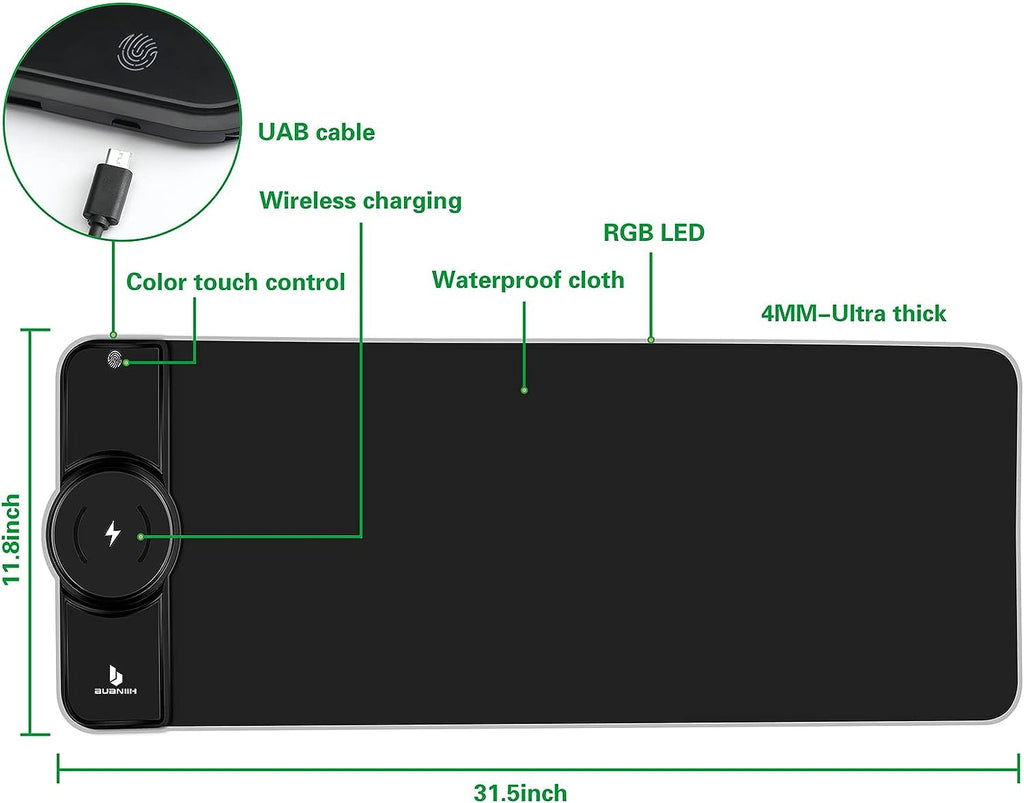 RGB Gaming Mouse Pad with 15W Wireless Charging, Extended Desk Mat 31.5 x 11.8 Inch, LED Mouse Pad with 10 Lighting Modes, Non-Slip Base for Keyboard, Mouse
