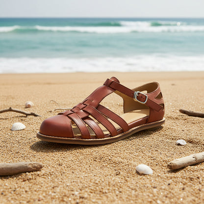 Women's Washed Full Grain Leather Fisherman Sandals – Closed-Toe Woven T-Strap