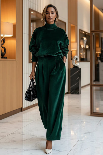 Women's Mock Turtleneck Balloon Sleeve Top & Pleated Wide-Leg Trousers Set