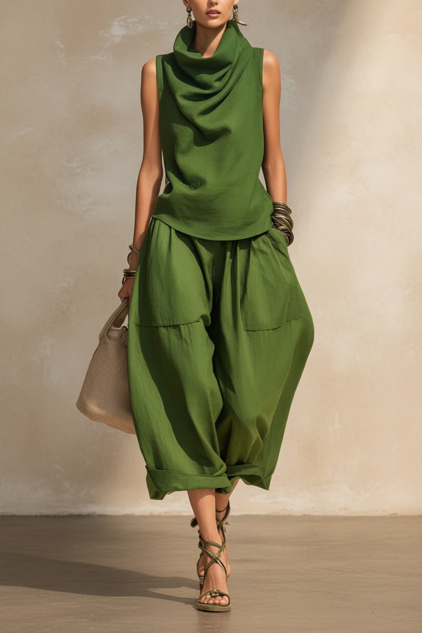 Women's Draped Cowl-Neck Sleeveless Top & Voluminous Balloon Lantern Trouser Set