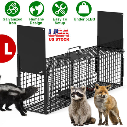 40in 2 Door Live Animal Cage Trap For Animals Under 18LBS Easy To Setup Humane Galvanized Iron Trap Cage For Raccoons Armadillos Foxes Opossums Muskra