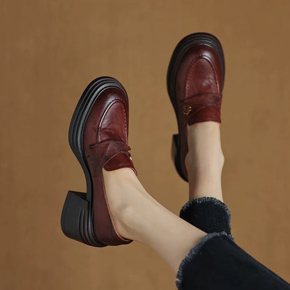 Women’s Vintage Chunky Heel Leather Shoes – Retro Style