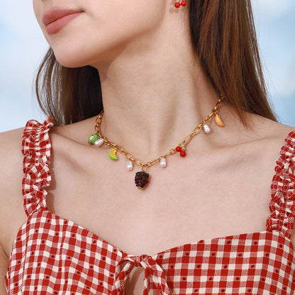 18K gold fruit shape with pearl design fresh and cute necklace