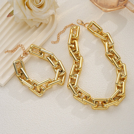 Geometric rectangular chunky chain bracelet and necklace set