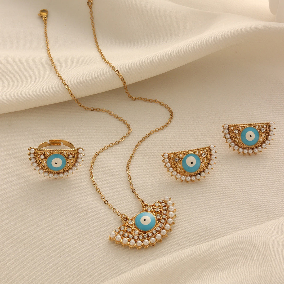 Turkish Evil Eye Necklace, Earrings and Ring Set