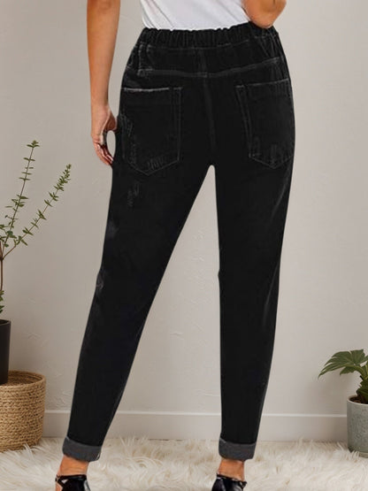 Women’s Distressed Stretch Jeans – Casual Elastic Waist Denim Joggers
