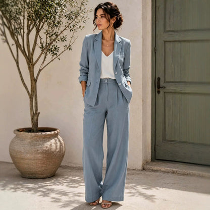Women's Linen-Look Oversized Double-Breasted Blazer & Wide-Leg Pleated Trouser Suit Set