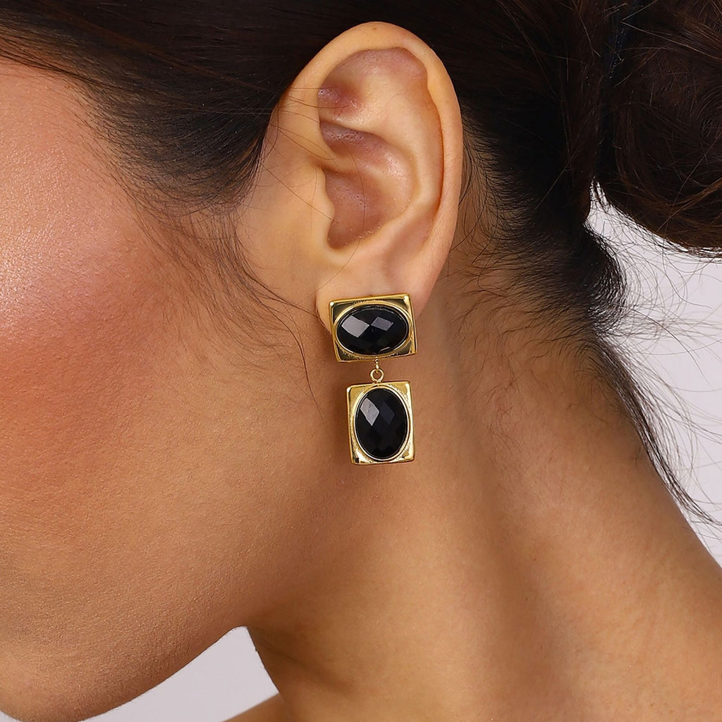 18k gold rectangular inlaid oval gemstone design trendy and unique earrings