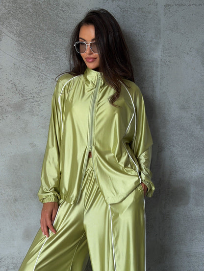 Women's Satin-Finish Zip Track Jacket & Wide-Leg Pants Set