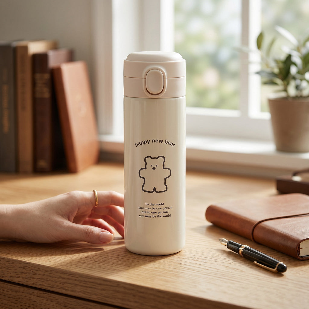 Cute Bear Travel Flask Vacuum Insulated Water Bottle Flip Top Lid