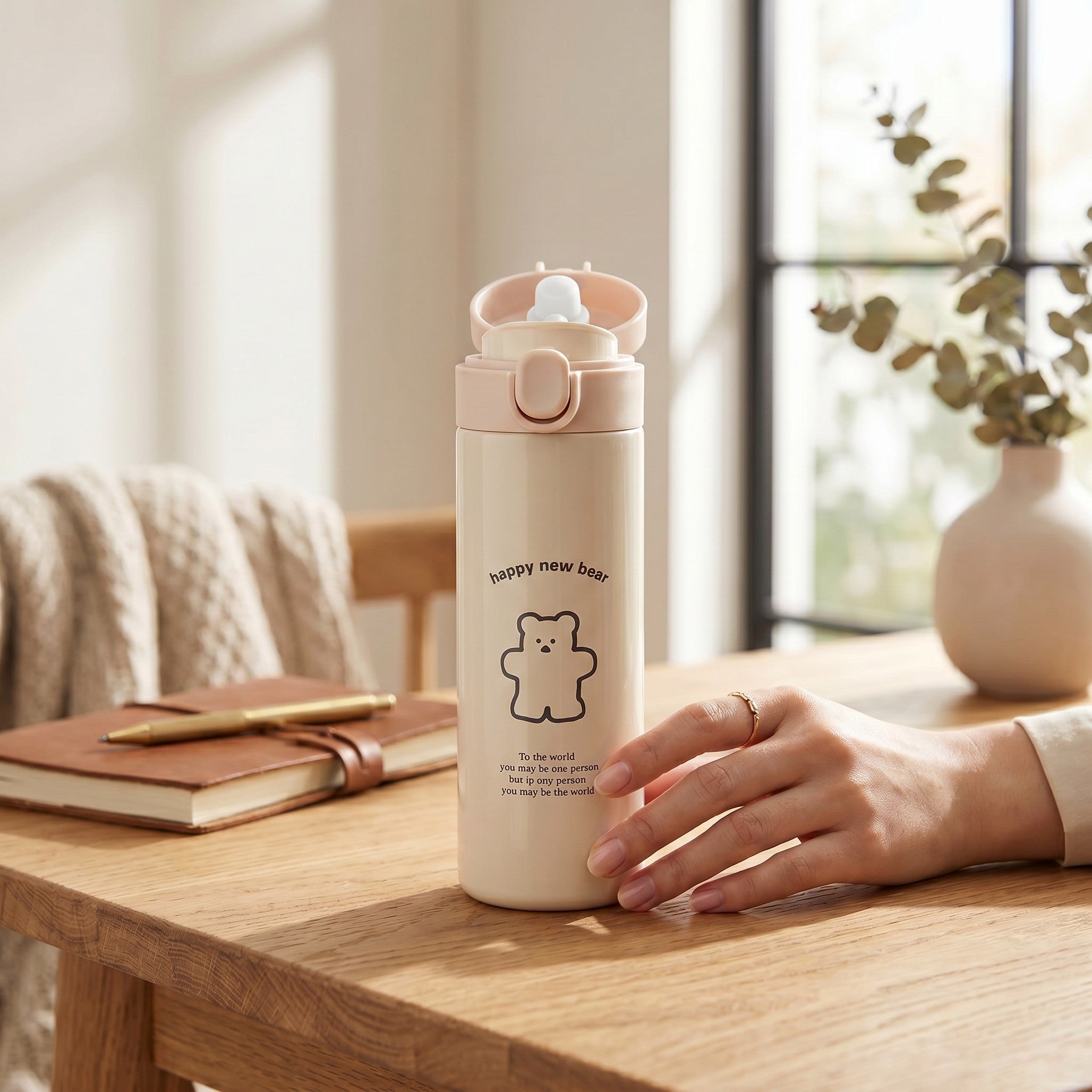Cute Bear Travel Flask Vacuum Insulated Water Bottle Flip Top Lid