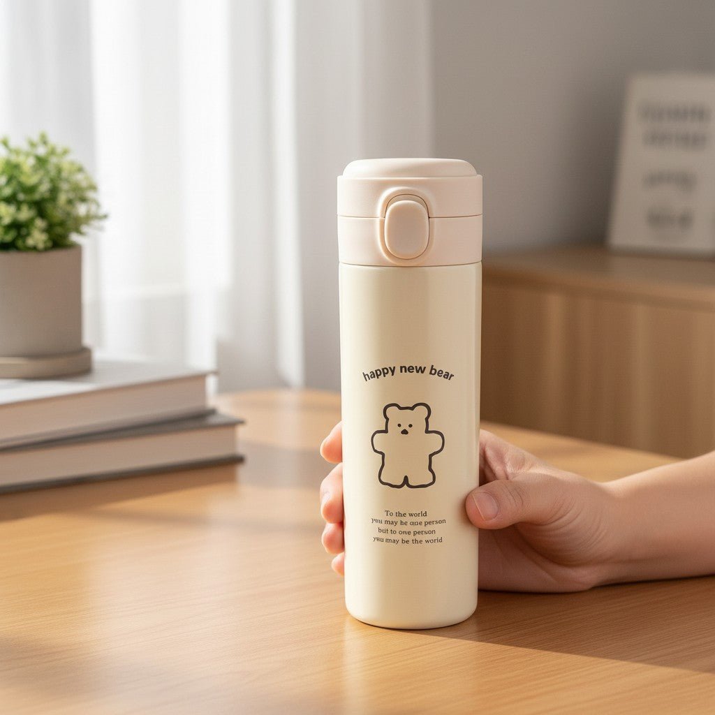 Cute Bear Travel Flask Vacuum Insulated Water Bottle Flip Top Lid
