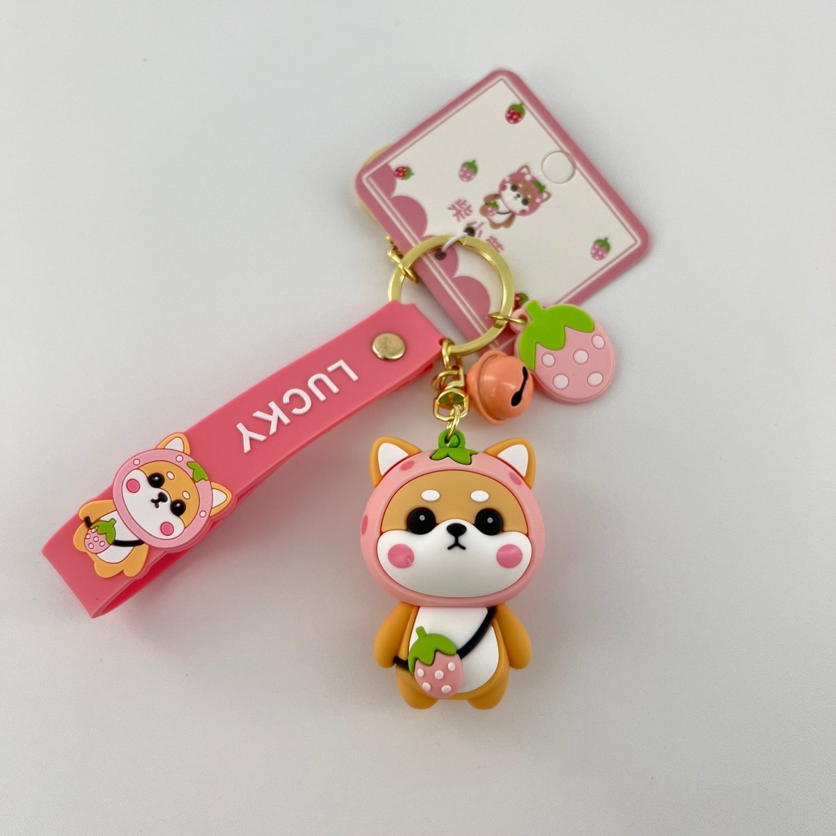 Pink Strawberry Shiba Inu Keychain, Zinc Alloy Keyring, Cute Kawaii Bag Charm, Everyday Purse Accessory Gift For Women