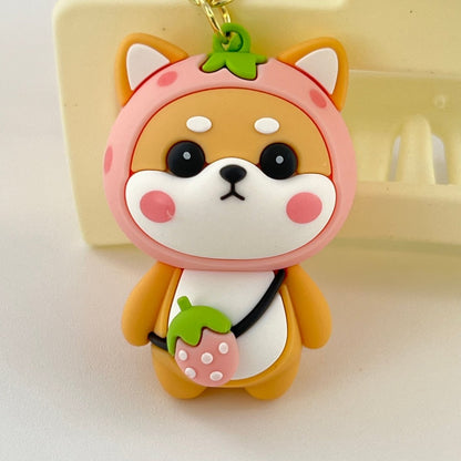 Pink Strawberry Shiba Inu Keychain, Zinc Alloy Keyring, Cute Kawaii Bag Charm, Everyday Purse Accessory Gift For Women