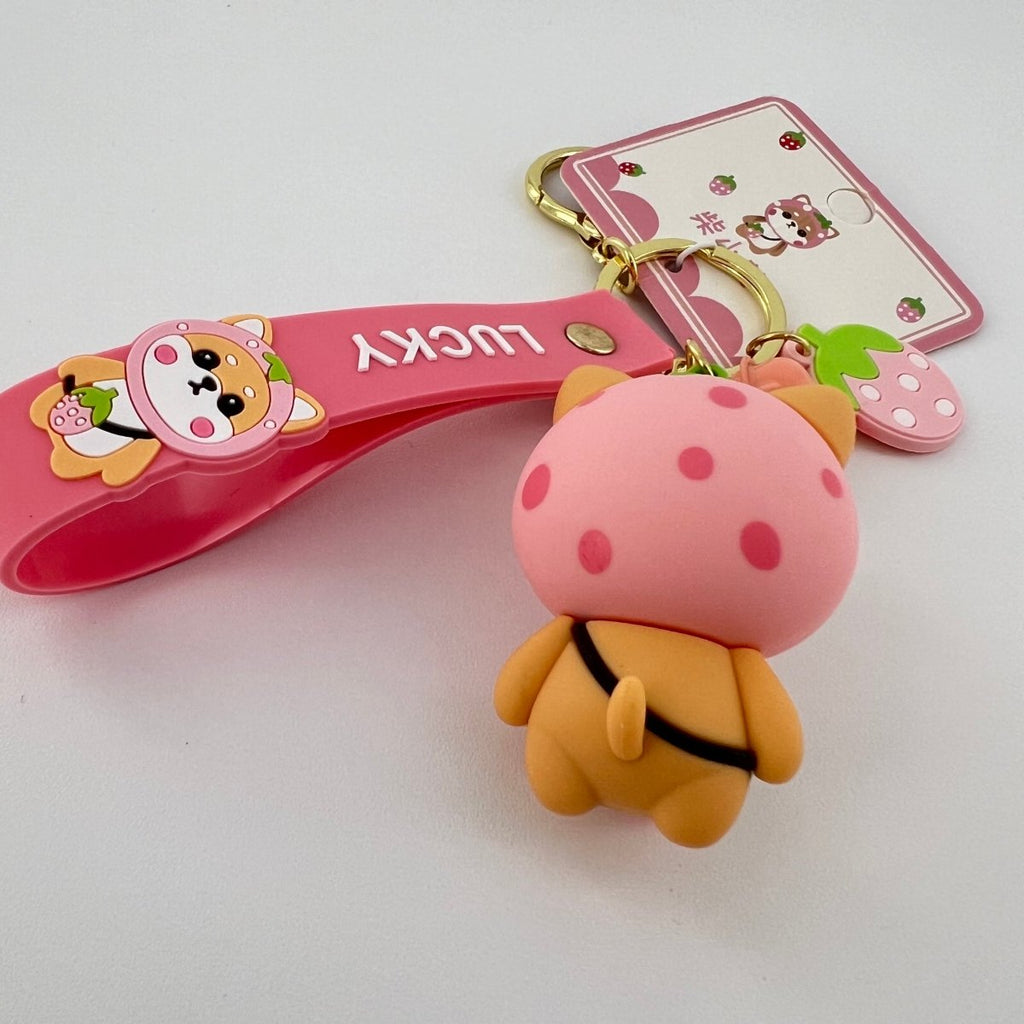 Pink Strawberry Shiba Inu Keychain, Zinc Alloy Keyring, Cute Kawaii Bag Charm, Everyday Purse Accessory Gift For Women
