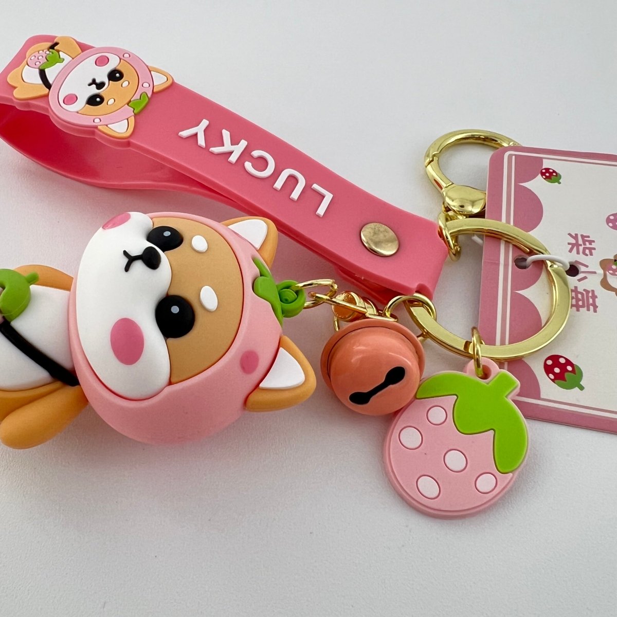 Pink Strawberry Shiba Inu Keychain, Zinc Alloy Keyring, Cute Kawaii Bag Charm, Everyday Purse Accessory Gift For Women
