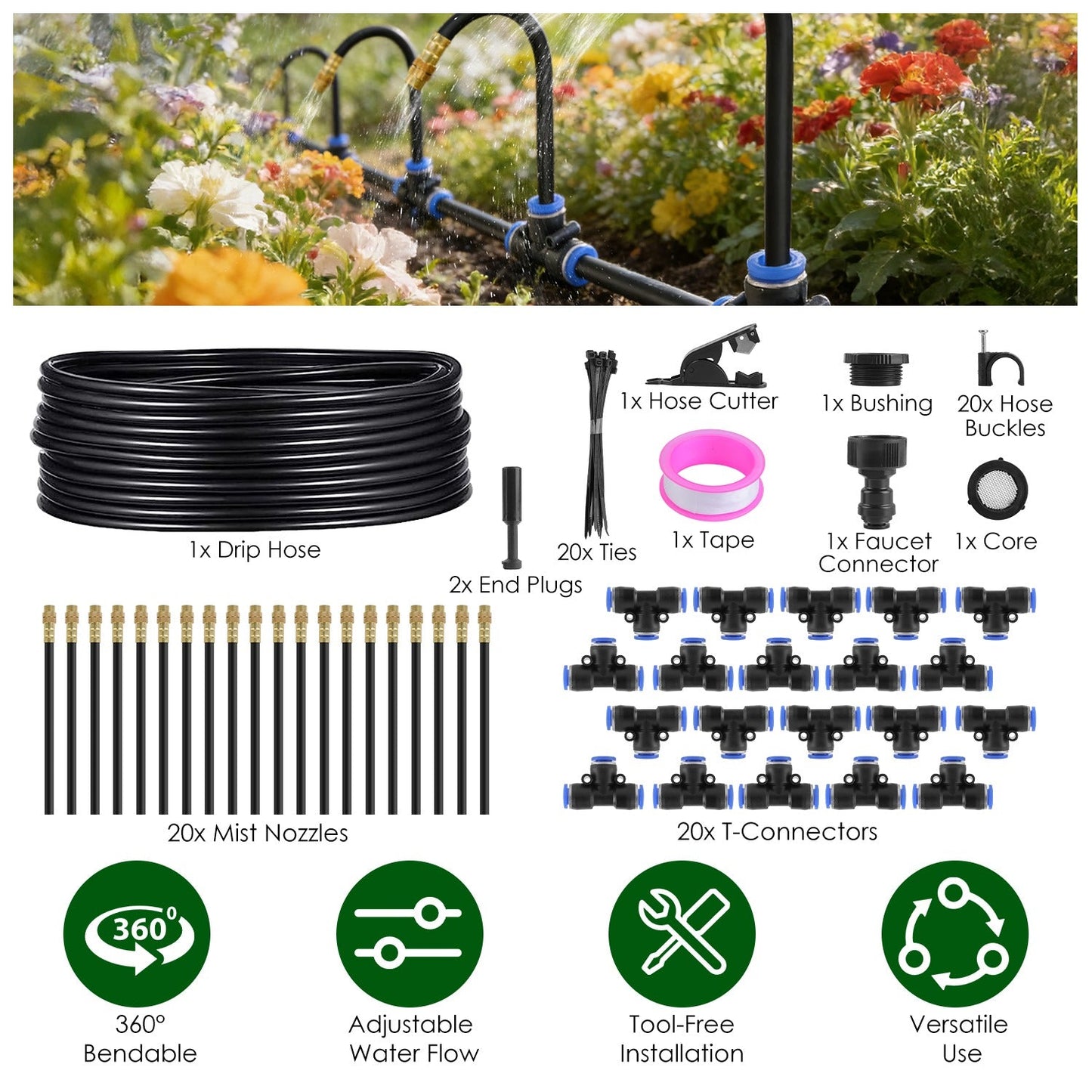 360° Bendable Drip Irrigation System with 49FT 5/8” Tubing Hose 5/16” Faucet Connector Automatic Watering Misting Kit For Garden Greenhouse Yard Lawn