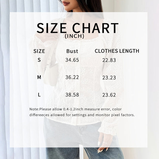 Women’s Square Neck Eyelet Lace Blouse – Puff Sleeve Hollow-Out Button Top