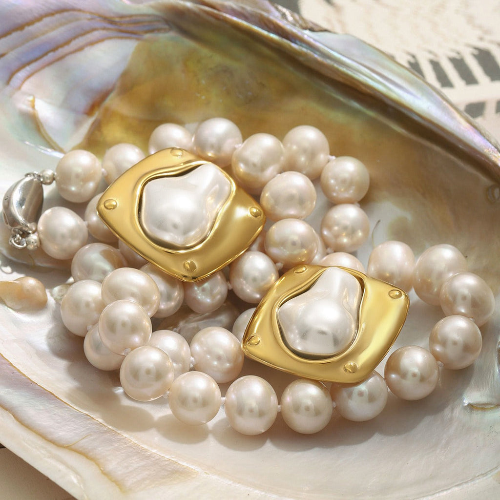 18K gold geometric square inlaid irregular pearls exquisite design dazzling earrings