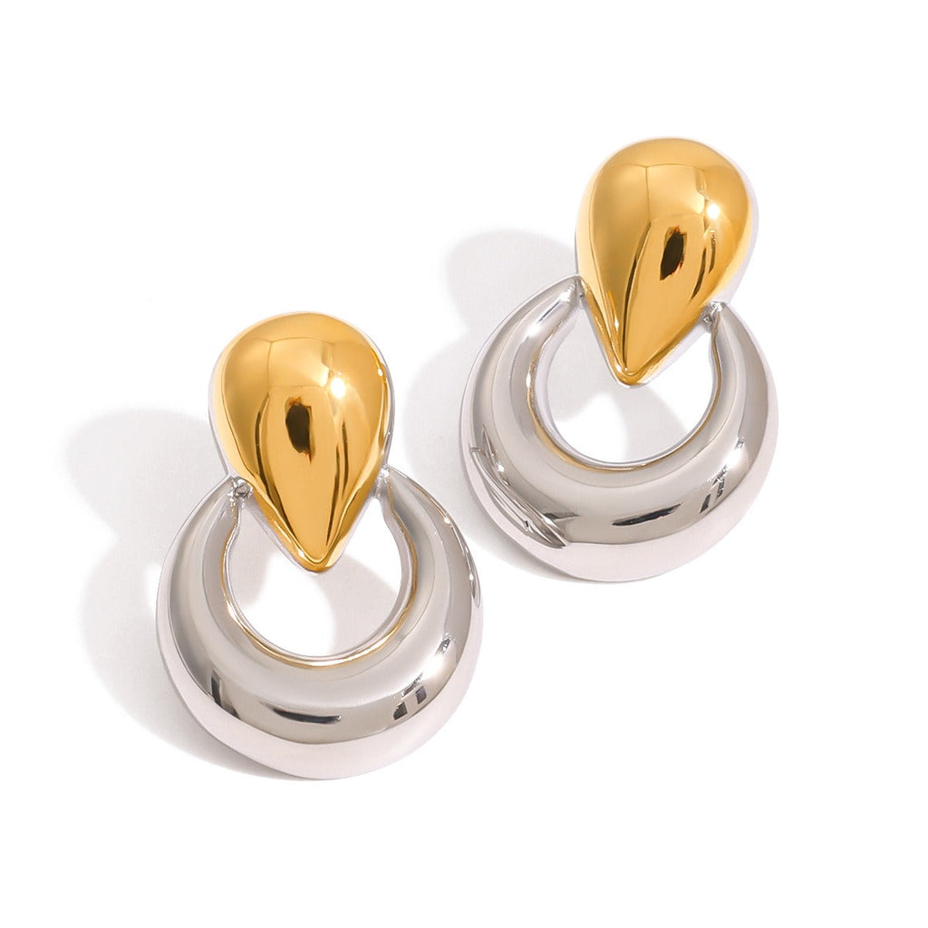 18K gold U-shaped and teardrop-shaped earrings with gold and silver color matching design, trendy and unique
