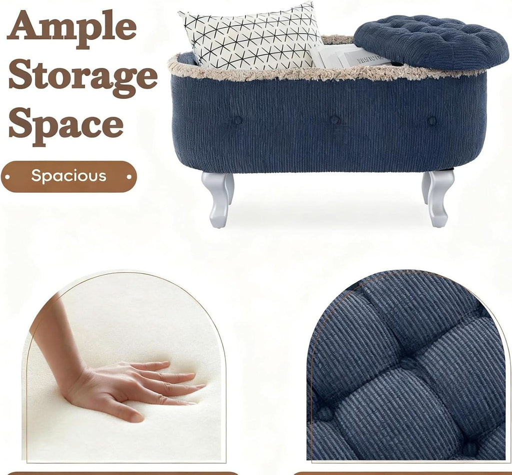 Blue 29.5 Inch Upholstered Storage Ottoman Cushion