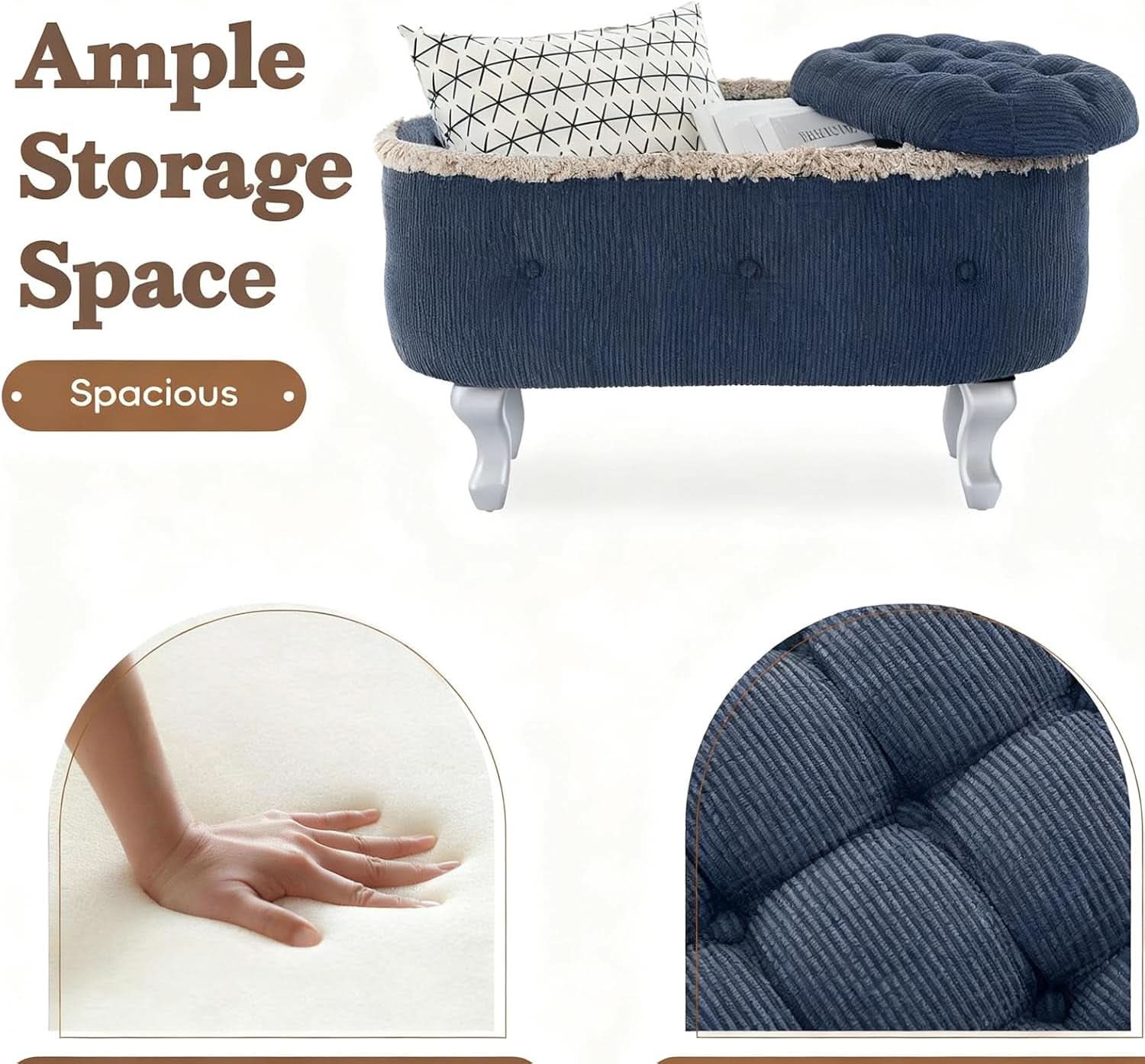 Blue 29.5 Inch Upholstered Storage Ottoman Cushion