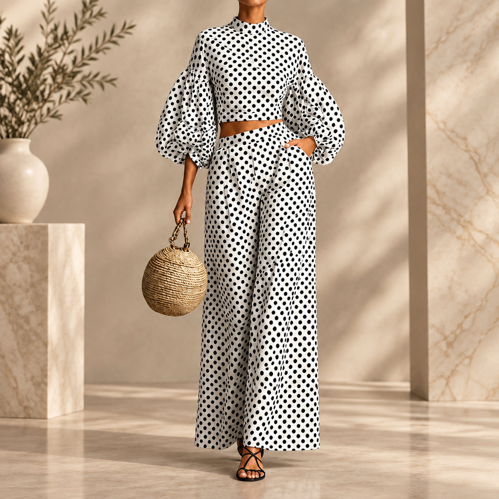 Women's 2-Piece Polka Dot Set – Lantern-Sleeve Mock-Neck Crop Top & High-Waisted Wide-Leg Trouser